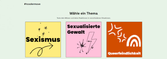 Bildausschnitt des neuen Tools 1coolermove zu sehen sind die Kacheln Sexismus, Sexualisierte Gewalt und Queerfeindlichkeit