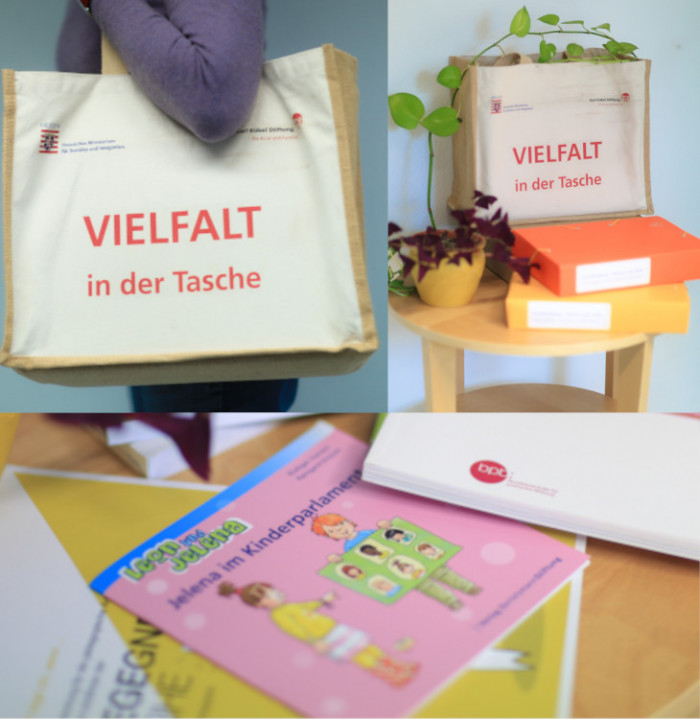 Fotografie des Inhalts der Vielfaltstaschen unter anderem Bücher, Broschüren und Flyer.